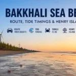 Infographic guide to Bakkhali Sea Beach showing red crabs on hard sand with Fraserganj windmills during sunset.
