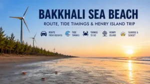 Infographic guide to Bakkhali Sea Beach showing red crabs on hard sand with Fraserganj windmills during sunset.