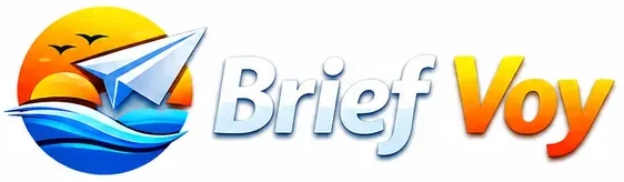 Brief Voy official logo showing a paper airplane flying over sea waves with a bright sunset.