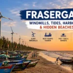 Fraserganj beach wind park with coastal windmills and local fishing boats at sunset