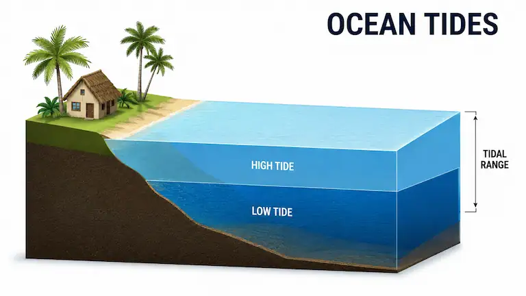 Visual guide to ocean tides at Hukitola Island, showing how water levels change throughout the day.