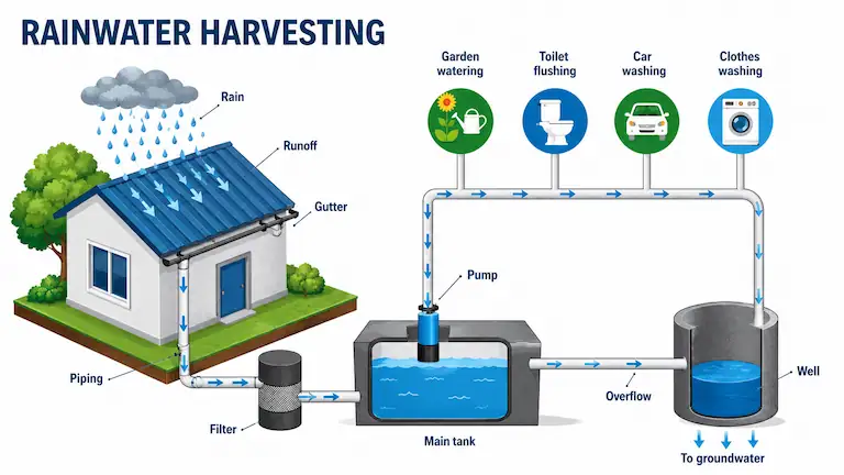 Hukitola rainwater harvesting system showing how roof runoff is filtered and stored.