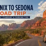 Car driving on a scenic Sedona road trip through the iconic red rock landscape.