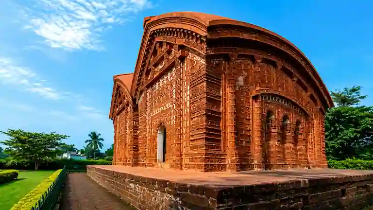 Intricate terracotta carvings on the Jor Bangla Temple in Bishnupur.