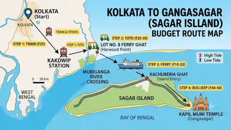 A 4-step infographic route map from Kolkata to Gangasagar via train, toto, and ferry.