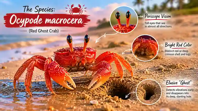 Lal Kakra Beach red ghost crab (Ocypode macrocera) showing periscope eyes and burrow.