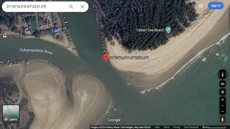 Satellite map showing the Subarnarekha river mouth crossing point and boat hire location at Talsari Sea Beach.