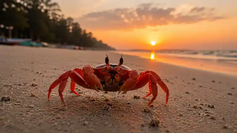 A vibrant Red Ghost Crab on Junput Beach at sunset.