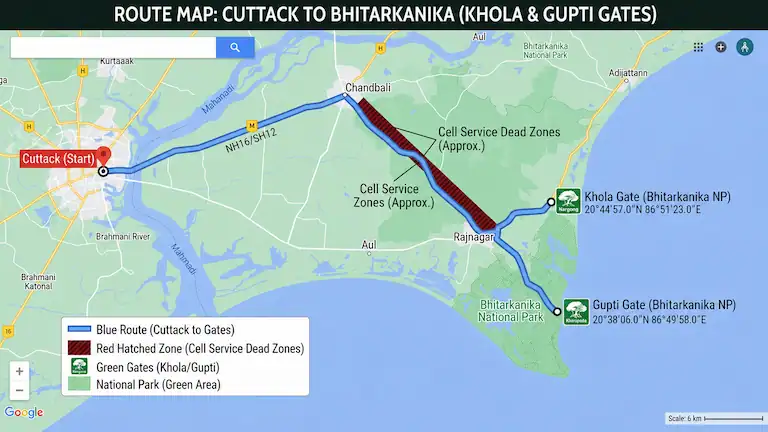 Driving map from Cuttack to Bhitarkanika National Park gates.