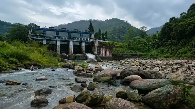 The Jaldhaka Hydel Project dam and rocky riverbed at the Bindu border.