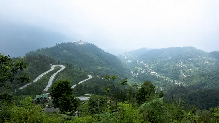 Winding misty mountain road leading to the dense forests of Kolakham.