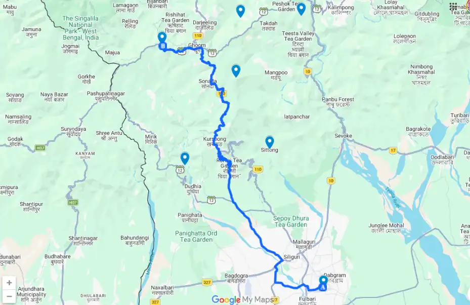 Map of routes to offbeat places near Darjeeling from NJP.