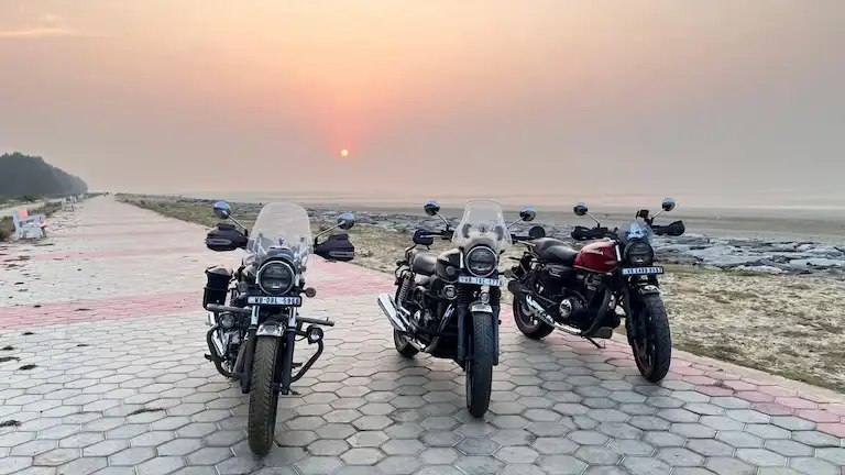 Bikes parked at Chandipur beach promenade after traveling Kolkata to Chandipur distance