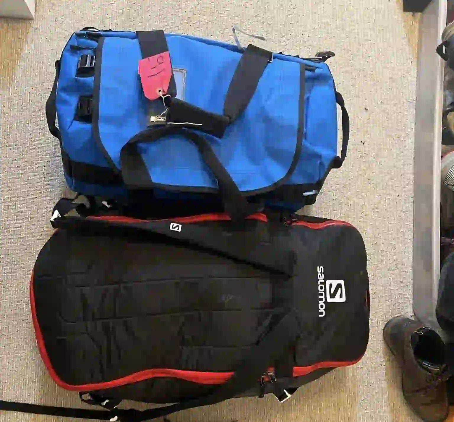 Lightweight duffel bags and backpacks packed for the Gangasagar ferry crossing.