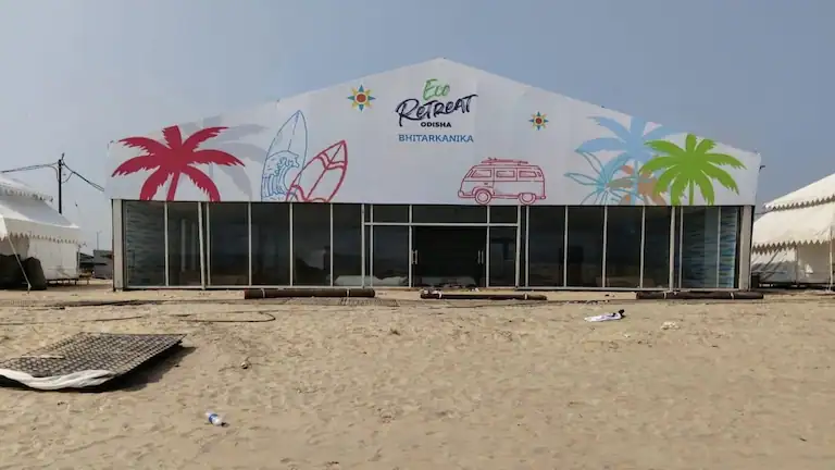 Front view of the temporary Eco Retreat Odisha Bhitarkanika tents on Pentha Sea Beach.