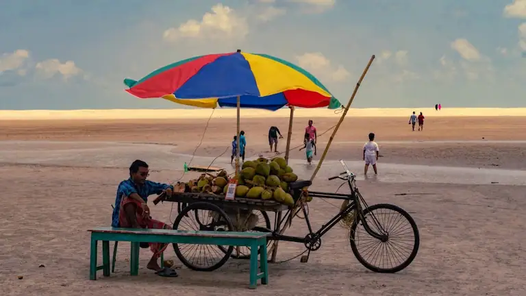 Local coconut seller with a cycle cart on Bakkhali Sea Beach, one of the best places to visit in Bakkhali.
