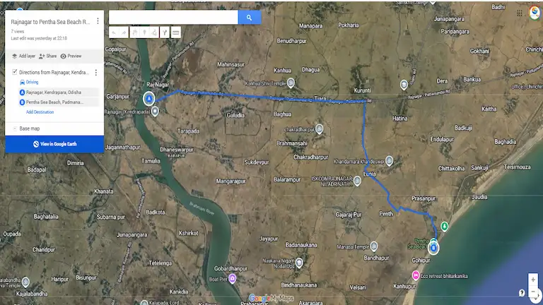 Google Maps satellite view showing the exact final driving route from Rajnagar to Pentha Sea Beach.