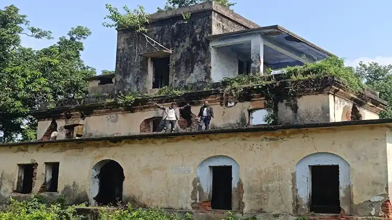 Author exploring the colonial ruins of the first telegraph office in Khejuri