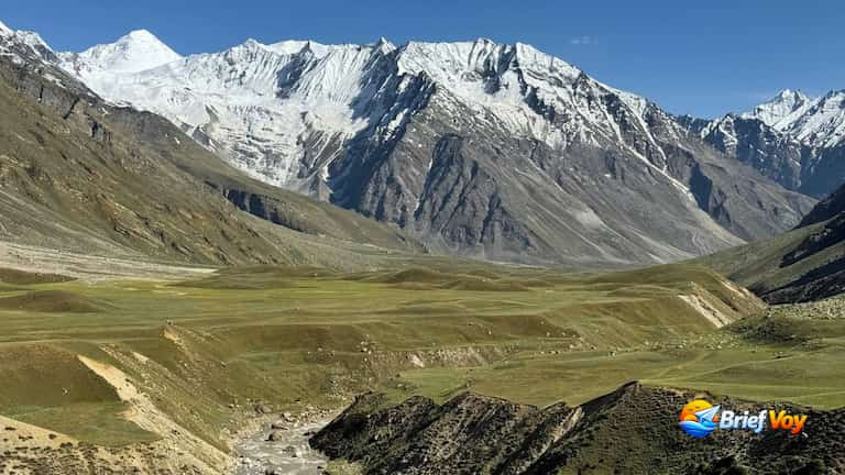 Wide green meadows, a glacial stream, and snow-capped mountain peaks on the Miyar Valley trek in Lahaul