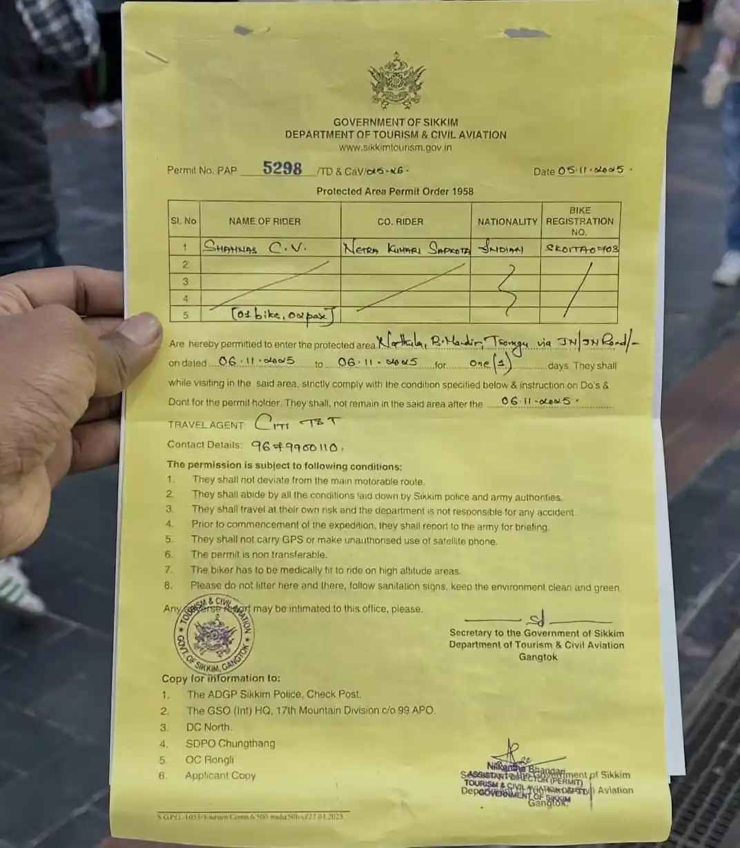Official yellow Protected Area Permit (PAP) document for entering Nathula Pass in Sikkim.
