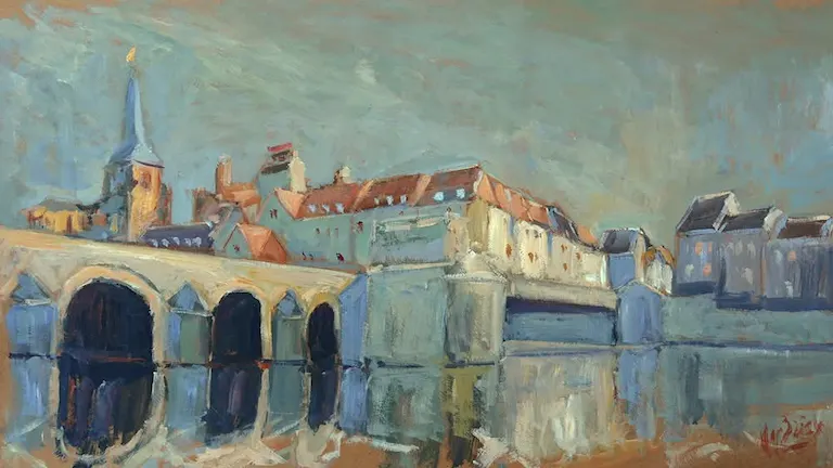 An oil painting of the historic Sint Servaasbrug stone bridge crossing the River Maas into the Wyck district of Maastricht.