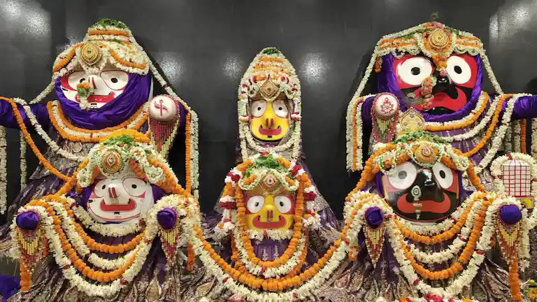 Idols of Lord Jagannath, Balabhadra, and Subhadra during daily darshan.