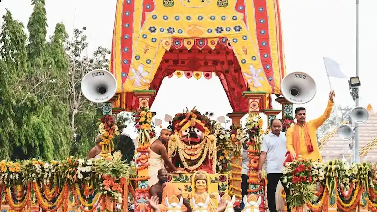 Lord Jagannath on the decorated chariot during the Rath Yatra festival in Digha.