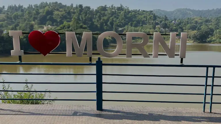 I Love Morni sign board overlooking Tikkar Taal lake in Morni Hills