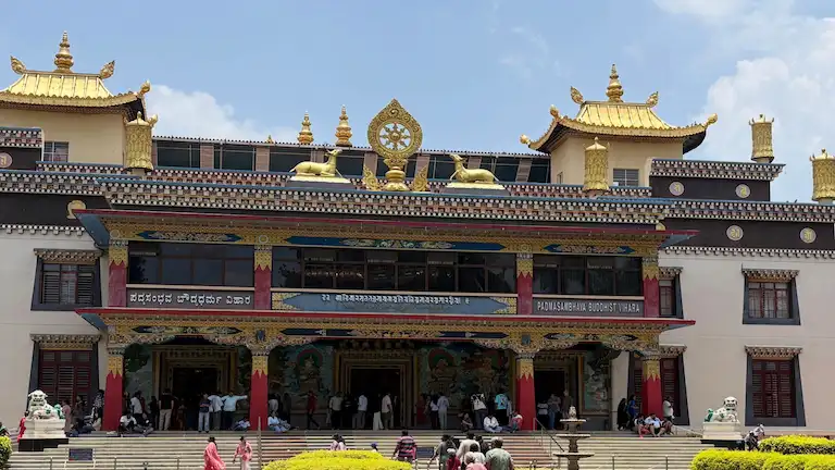 Exterior facade of the Padmasambhava Buddhist Vihara at Golden Temple Coorg.