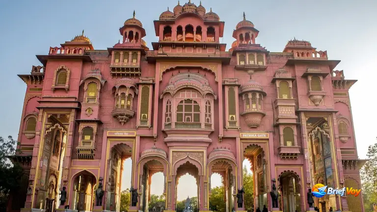Front exterior view of the pink Patrika Gate in Jaipur, which remains open 24 hours.