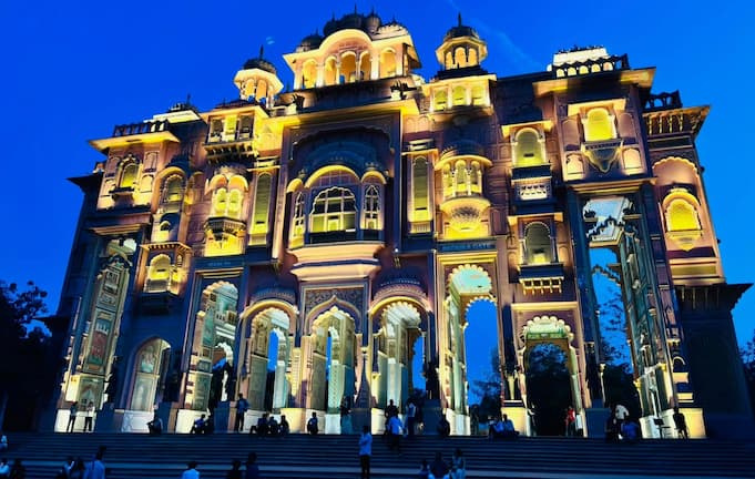 Patrika Gate lit up at night in Jaipur, proving the street monument is open 24 hours.