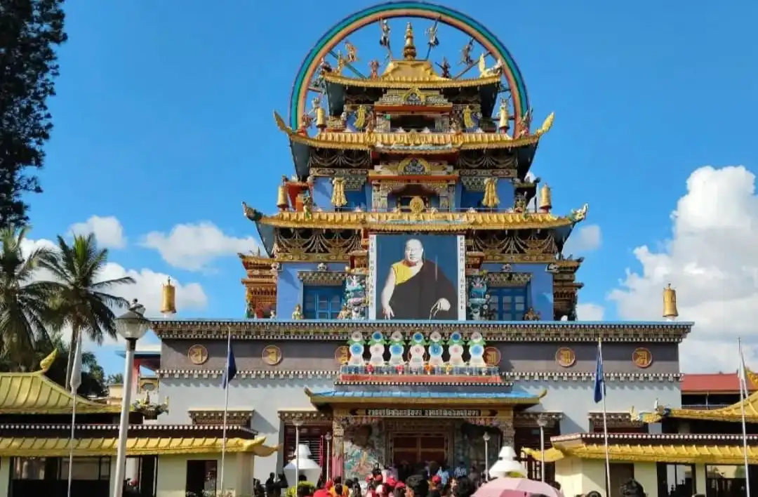 The vibrant Zangdog Palri Temple exterior at Golden Temple Coorg.
